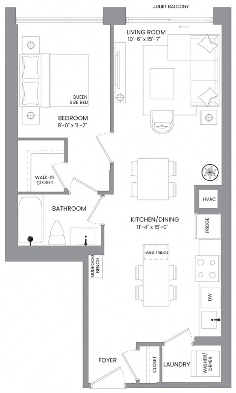 a floor plan of a house with a bedroom and a living room